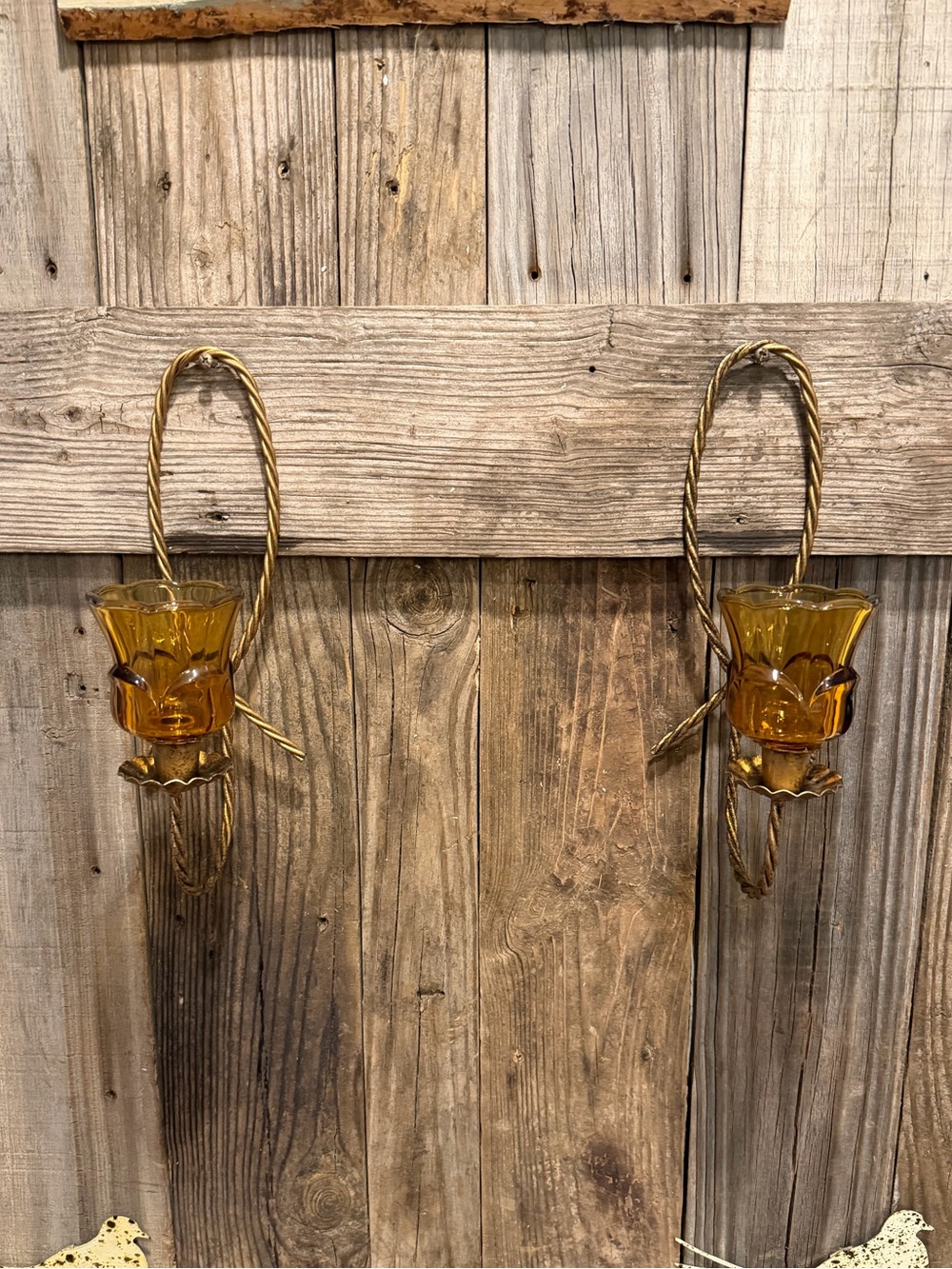 Pair of Vintage BOHO Farmhouse Tulip Amber Glass Wall Sconces